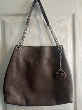 Michael Kors Dark Brown Pebbled Leather Shoulder Bag with Silver Chain